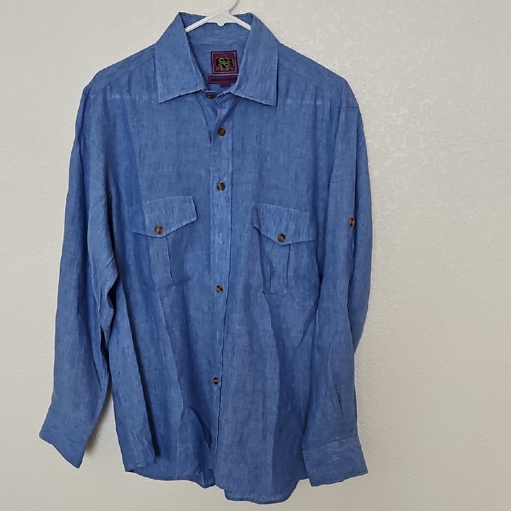 RARE F.M. Allen 100% Linen Blue Button-Up Shirt